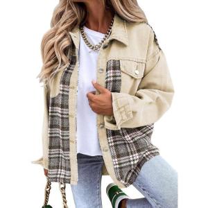 imageSHEWIN Womens Oversized Denim Jacket Casual Long Sleeve Button Down Plaid Shacket Boyfriend Jean Jacket With PocketsApricot