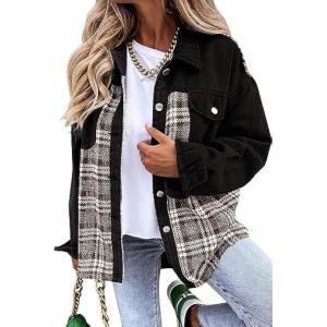 imageSHEWIN Womens Oversized Denim Jacket Casual Long Sleeve Button Down Plaid Shacket Boyfriend Jean Jacket With PocketsBlack