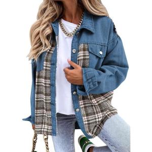 imageSHEWIN Womens Oversized Denim Jacket Casual Long Sleeve Button Down Plaid Shacket Boyfriend Jean Jacket With PocketsBlue