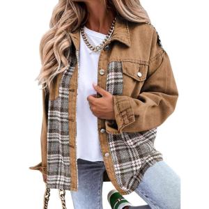 imageSHEWIN Womens Oversized Denim Jacket Casual Long Sleeve Button Down Plaid Shacket Boyfriend Jean Jacket With PocketsKhaki