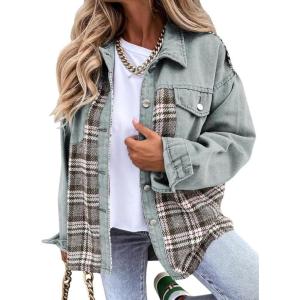 imageSHEWIN Womens Oversized Denim Jacket Casual Long Sleeve Button Down Plaid Shacket Boyfriend Jean Jacket With PocketsLake Green