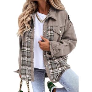 imageSHEWIN Womens Oversized Denim Jacket Casual Long Sleeve Button Down Plaid Shacket Boyfriend Jean Jacket With PocketsLight Grey