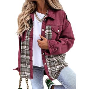 imageSHEWIN Womens Oversized Denim Jacket Casual Long Sleeve Button Down Plaid Shacket Boyfriend Jean Jacket With PocketsLight Red