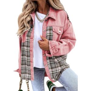 imageSHEWIN Womens Oversized Denim Jacket Casual Long Sleeve Button Down Plaid Shacket Boyfriend Jean Jacket With PocketsPink