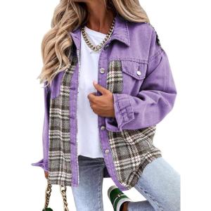 imageSHEWIN Womens Oversized Denim Jacket Casual Long Sleeve Button Down Plaid Shacket Boyfriend Jean Jacket With PocketsPurple