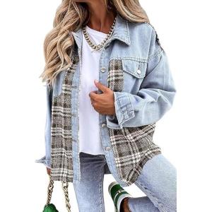 imageSHEWIN Womens Oversized Denim Jacket Casual Long Sleeve Button Down Plaid Shacket Boyfriend Jean Jacket With PocketsSky Blue
