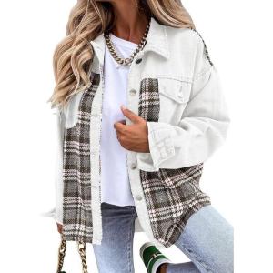 imageSHEWIN Womens Oversized Denim Jacket Casual Long Sleeve Button Down Plaid Shacket Boyfriend Jean Jacket With PocketsWhite