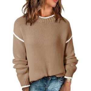 imageSHEWIN Womens Sweaters Crewneck Long Sleeve Knit Pullover Sweater Casual Fall Tops for Women 2024Pale Khaki