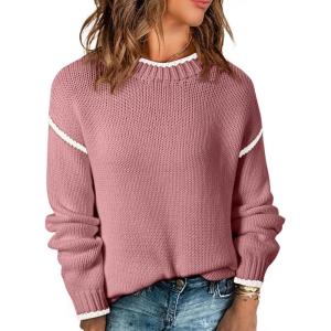 imageSHEWIN Womens Sweaters Crewneck Long Sleeve Knit Pullover Sweater Casual Fall Tops for Women 2024Rose Tan