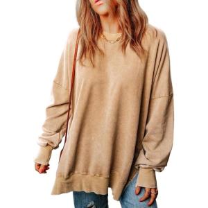 imageSHEWIN Womens Sweatshirt Casual Long Sleeve Crewneck Lightweight Pullover Tops Loose SweatshirtsC Khaki