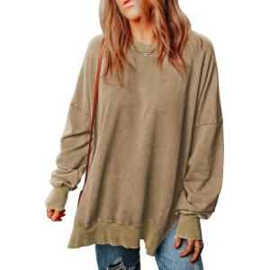 imageSHEWIN Womens Sweatshirt Casual Long Sleeve Crewneck Lightweight Pullover Tops Loose SweatshirtsD Light Khaki