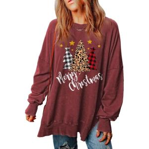 imageSHEWIN Womens Sweatshirt Casual Long Sleeve Crewneck Lightweight Pullover Tops Loose SweatshirtsM Merry Red