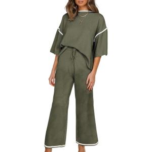 imageSHEWIN Womens Two Piece Outfits Casual Short Sleeve Knit Sweater Tops Matching Wide Leg Pants Tracksuit Lounge SetsArmy Green