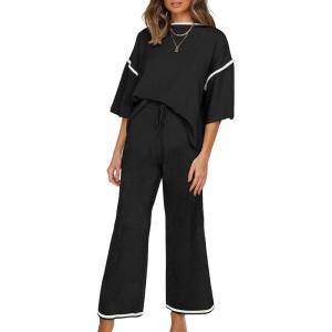 imageSHEWIN Womens Two Piece Outfits Casual Short Sleeve Knit Sweater Tops Matching Wide Leg Pants Tracksuit Lounge SetsBlack
