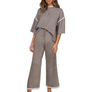 imageSHEWIN Womens Two Piece Outfits Casual Short Sleeve Knit Sweater Tops Matching Wide Leg Pants Tracksuit Lounge SetsCoffee