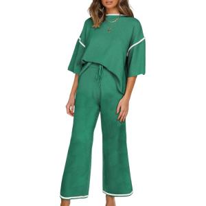 imageSHEWIN Womens Two Piece Outfits Casual Short Sleeve Knit Sweater Tops Matching Wide Leg Pants Tracksuit Lounge SetsDark Green