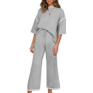 imageSHEWIN Womens Two Piece Outfits Casual Short Sleeve Knit Sweater Tops Matching Wide Leg Pants Tracksuit Lounge SetsDark Grey