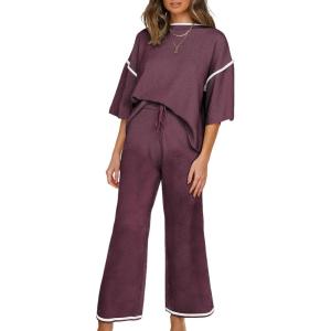 imageSHEWIN Womens Two Piece Outfits Casual Short Sleeve Knit Sweater Tops Matching Wide Leg Pants Tracksuit Lounge SetsDeep Purple