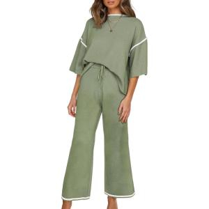 imageSHEWIN Womens Two Piece Outfits Casual Short Sleeve Knit Sweater Tops Matching Wide Leg Pants Tracksuit Lounge SetsGreen