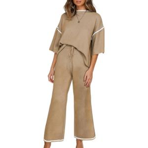 imageSHEWIN Womens Two Piece Outfits Casual Short Sleeve Knit Sweater Tops Matching Wide Leg Pants Tracksuit Lounge SetsKhaki