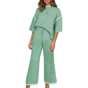 imageSHEWIN Womens Two Piece Outfits Casual Short Sleeve Knit Sweater Tops Matching Wide Leg Pants Tracksuit Lounge SetsLight Green