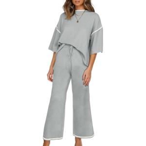 imageSHEWIN Womens Two Piece Outfits Casual Short Sleeve Knit Sweater Tops Matching Wide Leg Pants Tracksuit Lounge SetsLight Grey