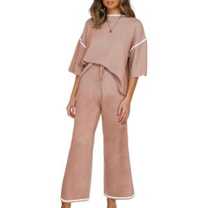 imageSHEWIN Womens Two Piece Outfits Casual Short Sleeve Knit Sweater Tops Matching Wide Leg Pants Tracksuit Lounge SetsLight Pink