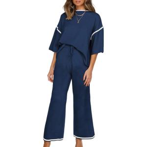 imageSHEWIN Womens Two Piece Outfits Casual Short Sleeve Knit Sweater Tops Matching Wide Leg Pants Tracksuit Lounge SetsNavy Blue