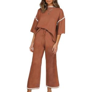 imageSHEWIN Womens Two Piece Outfits Casual Short Sleeve Knit Sweater Tops Matching Wide Leg Pants Tracksuit Lounge SetsOrange
