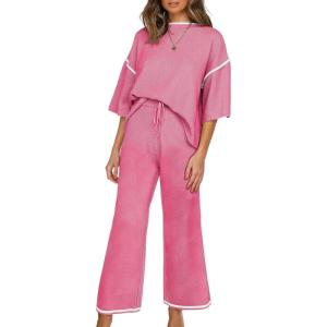 imageSHEWIN Womens Two Piece Outfits Casual Short Sleeve Knit Sweater Tops Matching Wide Leg Pants Tracksuit Lounge SetsPink