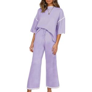 imageSHEWIN Womens Two Piece Outfits Casual Short Sleeve Knit Sweater Tops Matching Wide Leg Pants Tracksuit Lounge SetsPurple