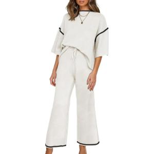 imageSHEWIN Womens Two Piece Outfits Casual Short Sleeve Knit Sweater Tops Matching Wide Leg Pants Tracksuit Lounge SetsWhite