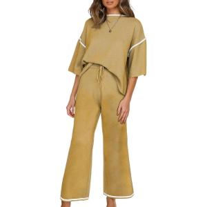 imageSHEWIN Womens Two Piece Outfits Casual Short Sleeve Knit Sweater Tops Matching Wide Leg Pants Tracksuit Lounge SetsYellow