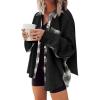 imageSHEWIN Womens Waffle Knit Plaid Shacket Boyfriend Button Down Shirt Jacket Loose Long Sleeve TopsB Black