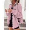 imageSHEWIN Womens Waffle Knit Plaid Shacket Boyfriend Button Down Shirt Jacket Loose Long Sleeve TopsD Pink