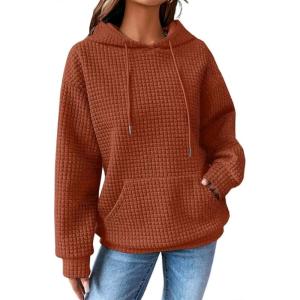 imageSHEWIN Womens Hoodies Casual Long Sleeve Drawstring Waffle Pullover Tops Loose Hooded Sweatshirt with PocketBorange
