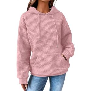 imageSHEWIN Womens Hoodies Casual Long Sleeve Drawstring Waffle Pullover Tops Loose Hooded Sweatshirt with PocketBpink