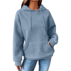 imageSHEWIN Womens Hoodies Casual Long Sleeve Drawstring Waffle Pullover Tops Loose Hooded Sweatshirt with PocketBsky Blue