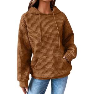 imageSHEWIN Womens Hoodies Casual Long Sleeve Drawstring Waffle Pullover Tops Loose Hooded Sweatshirt with PocketDlight Brown