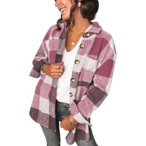 imageSHEWIN Womens Long Sleeve Plaid Shirts Flannel Lapel Button Down Shacket Jacket Coats2 Red