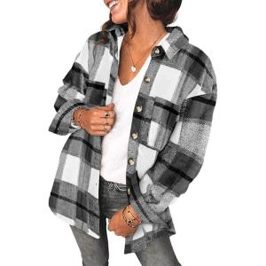 imageSHEWIN Womens Long Sleeve Plaid Shirts Flannel Lapel Button Down Shacket Jacket CoatsA Black Grey