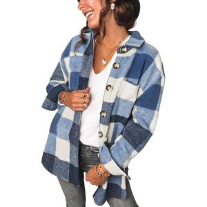 imageSHEWIN Womens Long Sleeve Plaid Shirts Flannel Lapel Button Down Shacket Jacket CoatsA Blue