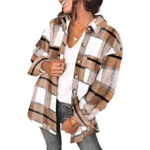 imageSHEWIN Womens Long Sleeve Plaid Shirts Flannel Lapel Button Down Shacket Jacket CoatsA Brown