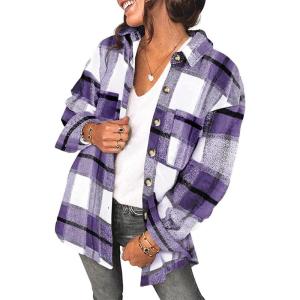 imageSHEWIN Womens Long Sleeve Plaid Shirts Flannel Lapel Button Down Shacket Jacket CoatsA Purple