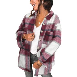imageSHEWIN Womens Long Sleeve Plaid Shirts Flannel Lapel Button Down Shacket Jacket CoatsA Red