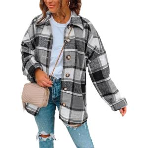 imageSHEWIN Womens Long Sleeve Plaid Shirts Flannel Lapel Button Down Shacket Jacket CoatsB Grey