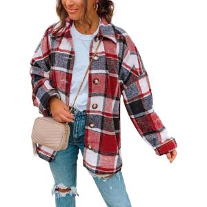 imageSHEWIN Womens Long Sleeve Plaid Shirts Flannel Lapel Button Down Shacket Jacket CoatsB Red