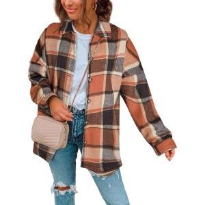 imageSHEWIN Womens Long Sleeve Plaid Shirts Flannel Lapel Button Down Shacket Jacket CoatsC1 Grey