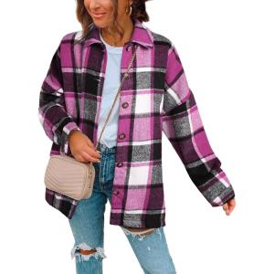 imageSHEWIN Womens Long Sleeve Plaid Shirts Flannel Lapel Button Down Shacket Jacket CoatsC1 Rose