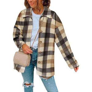 imageSHEWIN Womens Long Sleeve Plaid Shirts Flannel Lapel Button Down Shacket Jacket CoatsC2 Black
